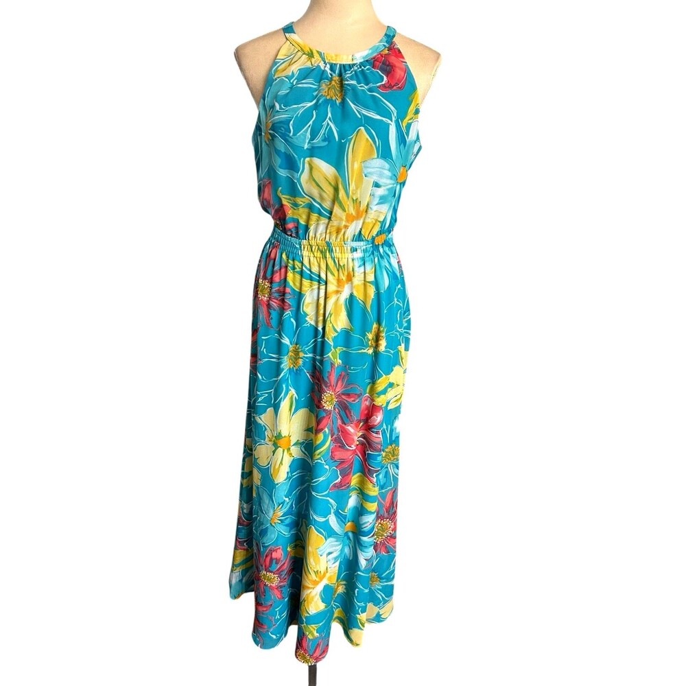 Nine West Halter Neck Maxi Dress Sz 6 Aqua Multi Floral Chiffon Sleeveless Lned
